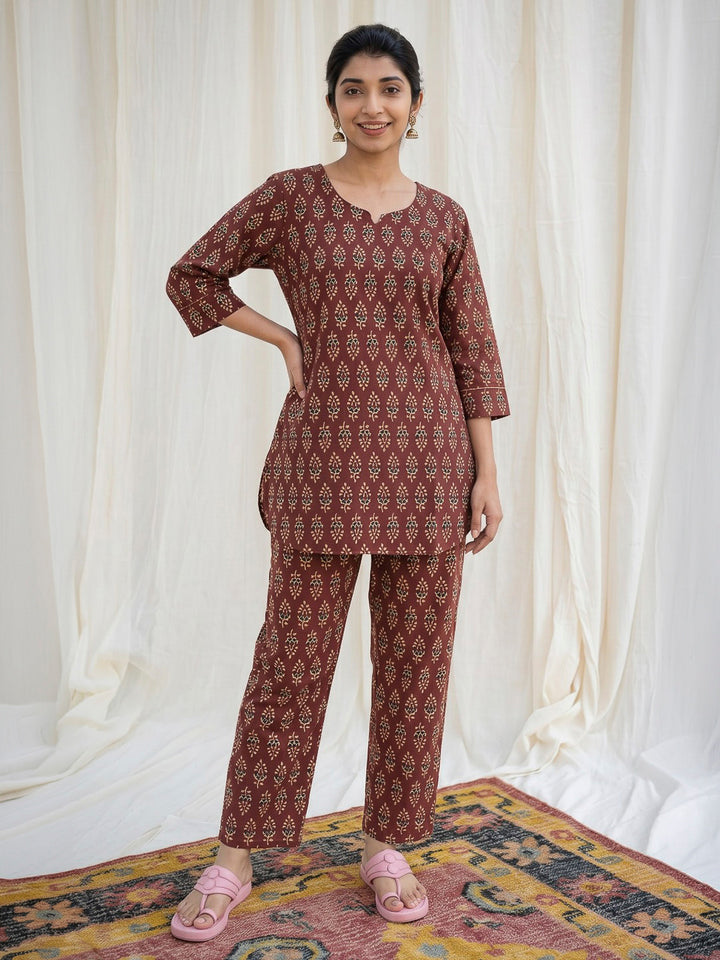 Red Printed Cotton Blend Kurta Set