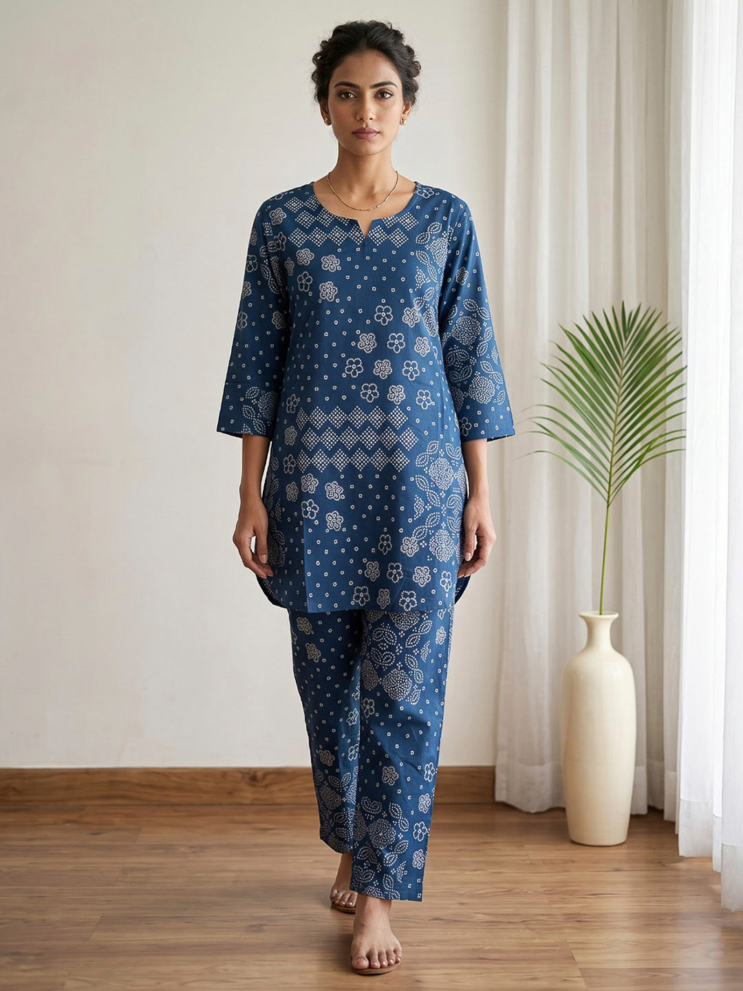 Blue Printed Cotton Blend Kurta Set