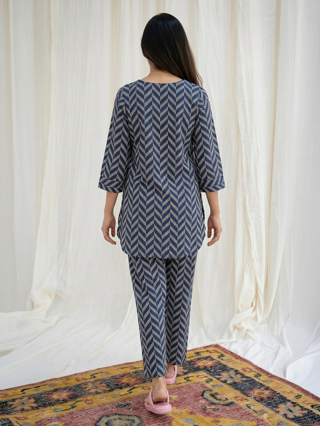 Blue Printed Cotton Blend Kurta Set