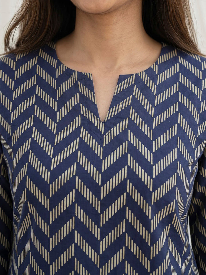 Blue Printed Cotton Blend Kurta Set