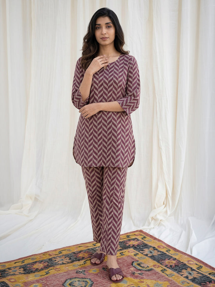 Maroon Printed Cotton Blend Kurta Set