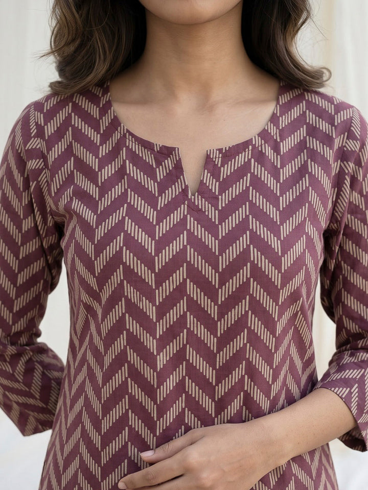 Maroon Printed Cotton Blend Kurta Set