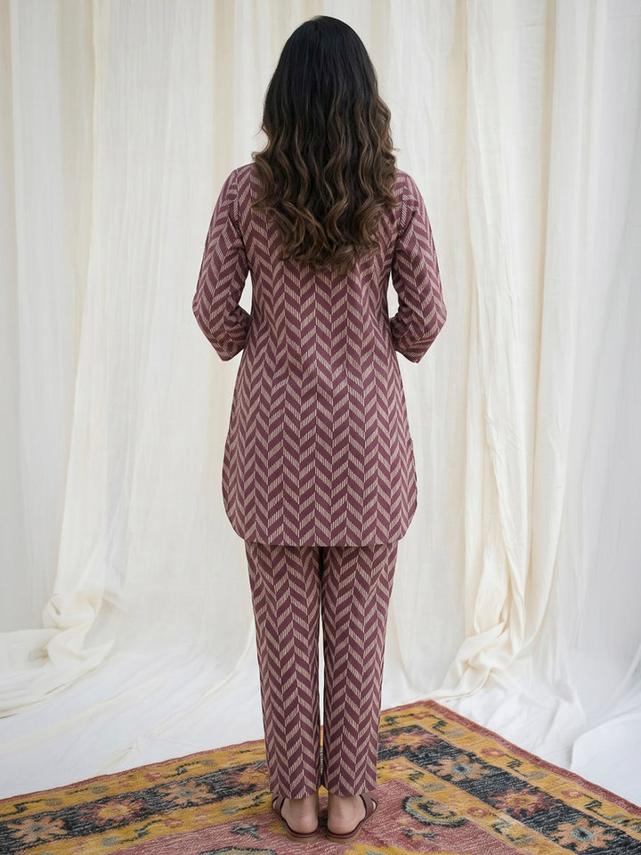 Maroon Printed Cotton Blend Kurta Set