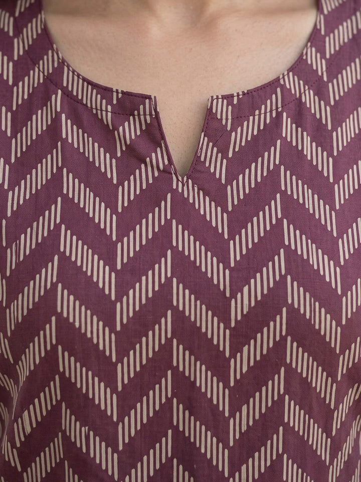 Maroon Printed Cotton Blend Kurta Set