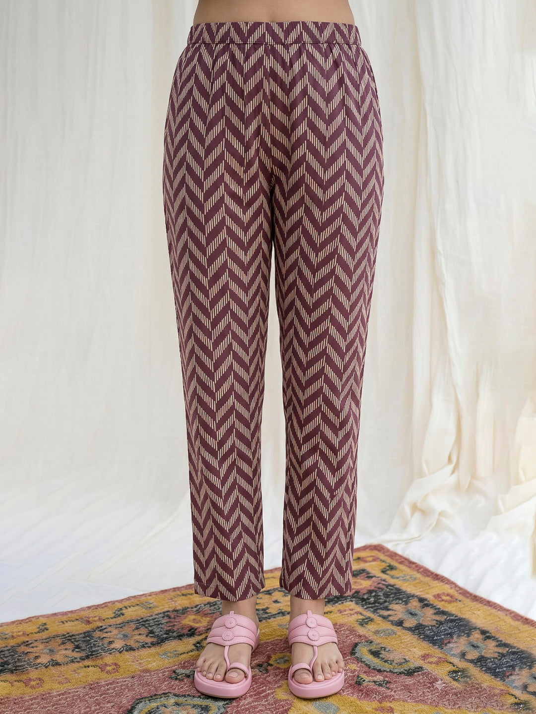 Maroon Printed Cotton Blend Kurta Set