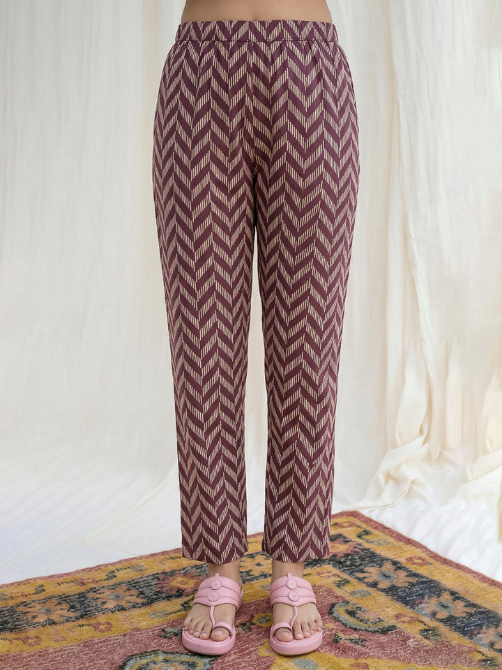 Maroon Printed Cotton Blend Kurta Set