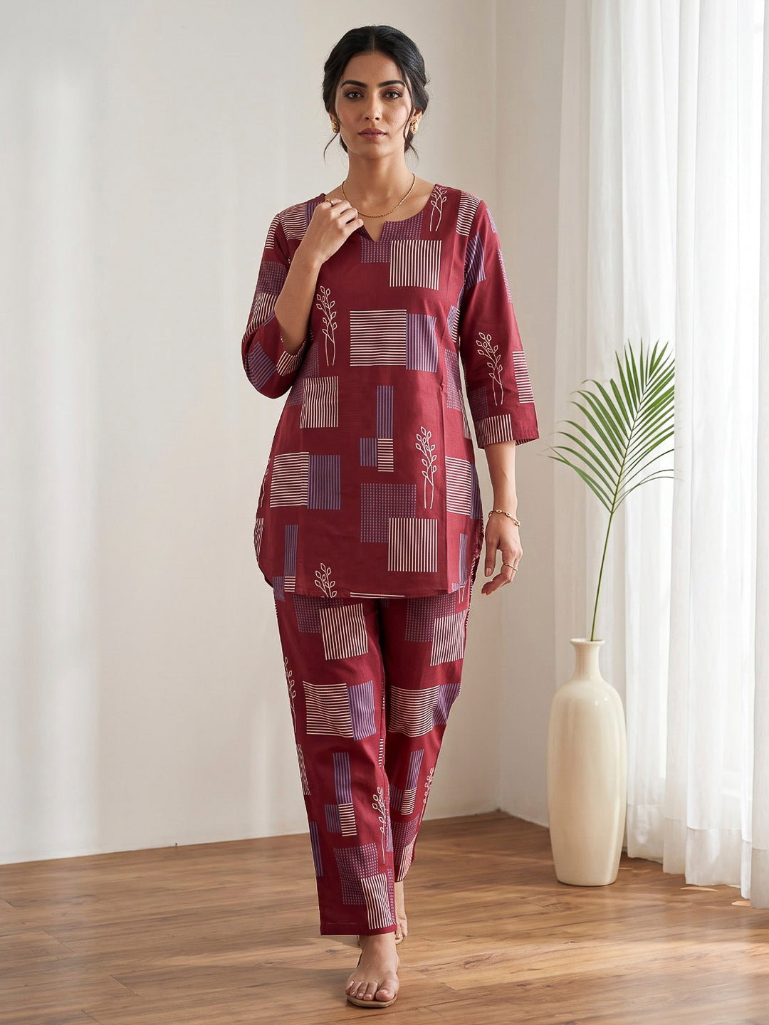 Red Printed Cotton Blend Kurta Set