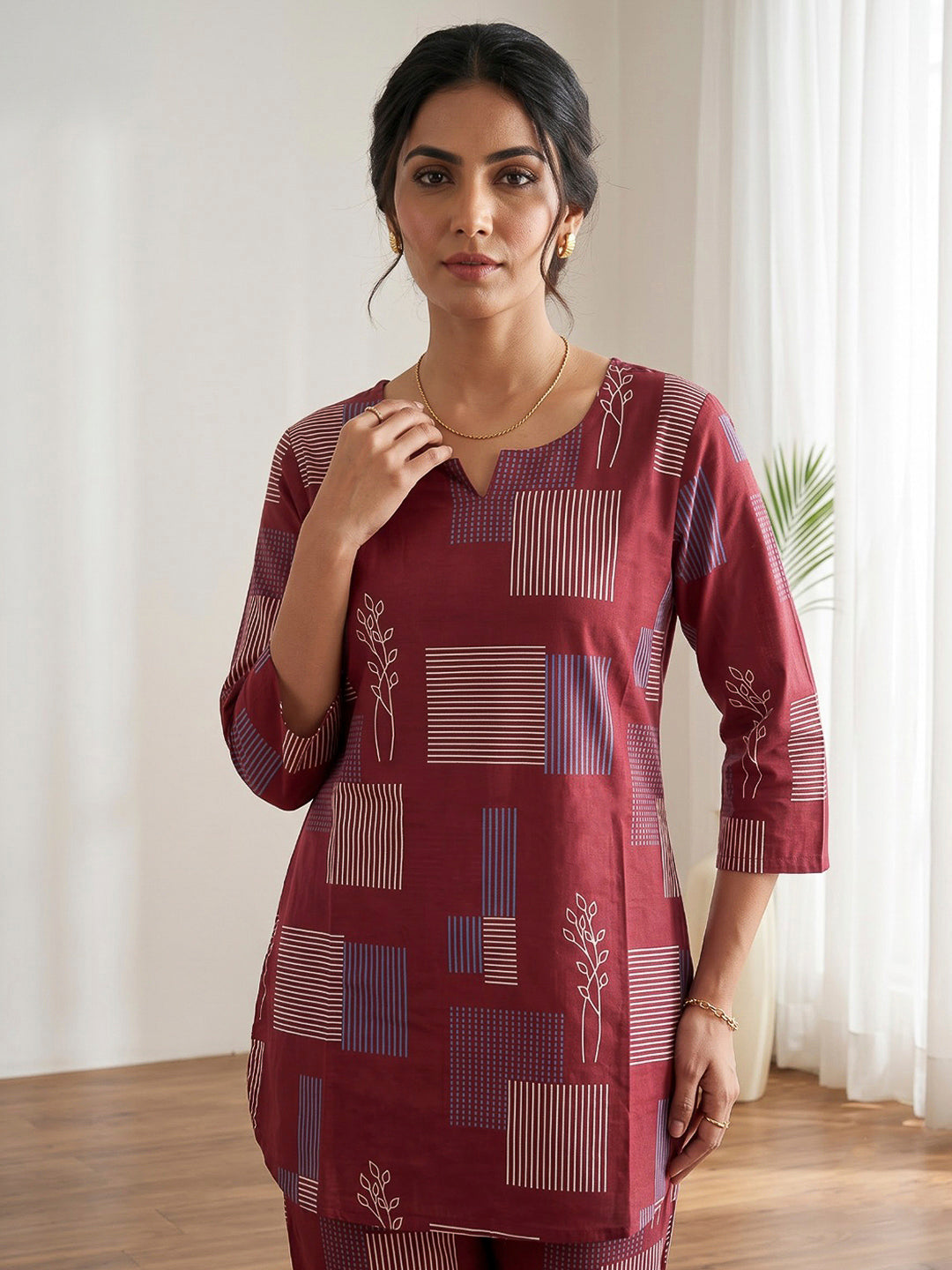 Red Printed Cotton Blend Kurta Set