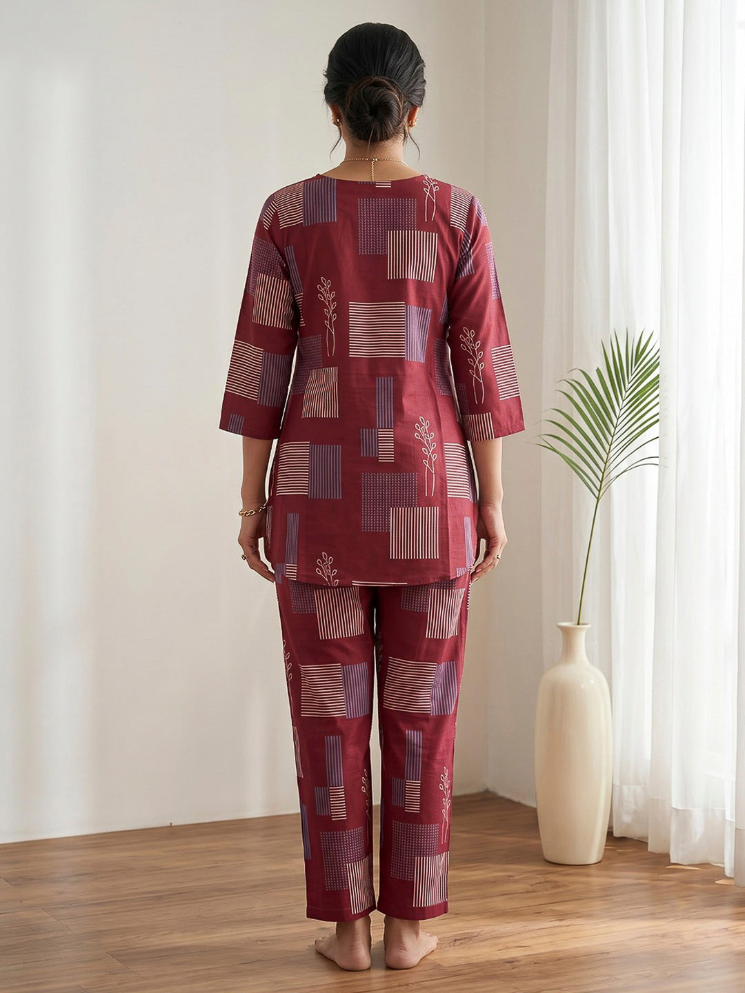 Red Printed Cotton Blend Kurta Set