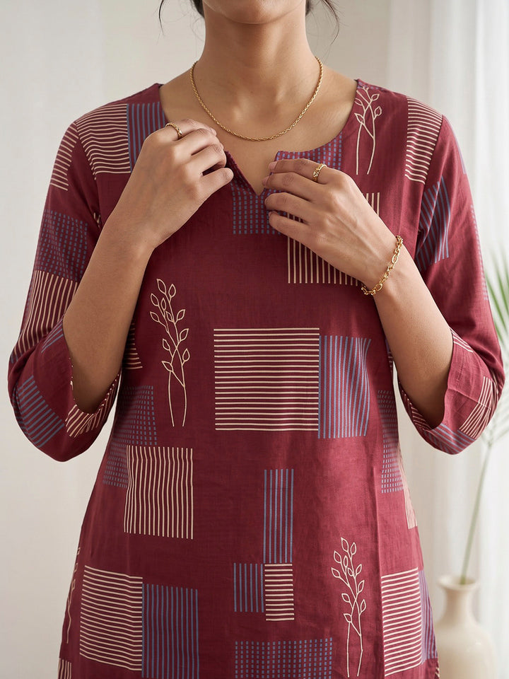 Red Printed Cotton Blend Kurta Set