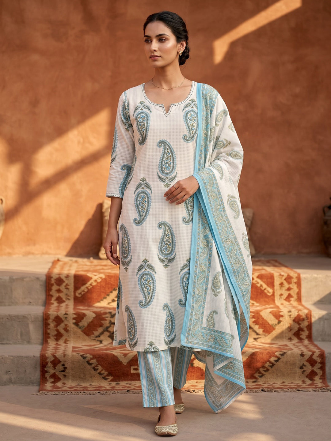 Blue Printed Cotton Blend Straight Suit Set With Dupatta