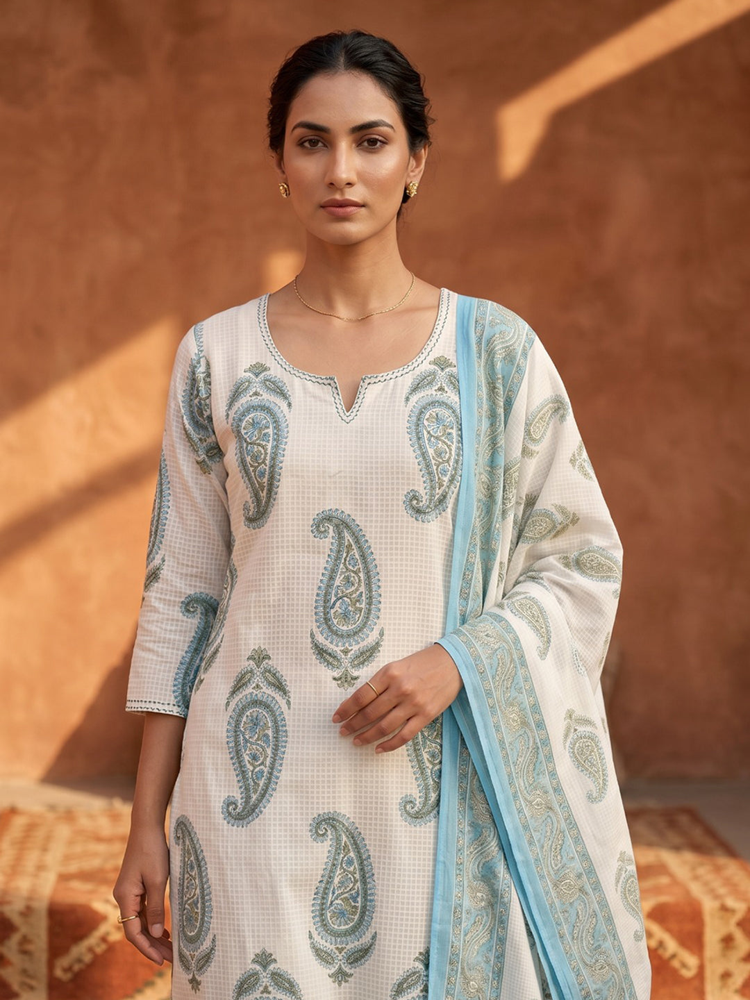 Blue Printed Cotton Blend Straight Suit Set With Dupatta