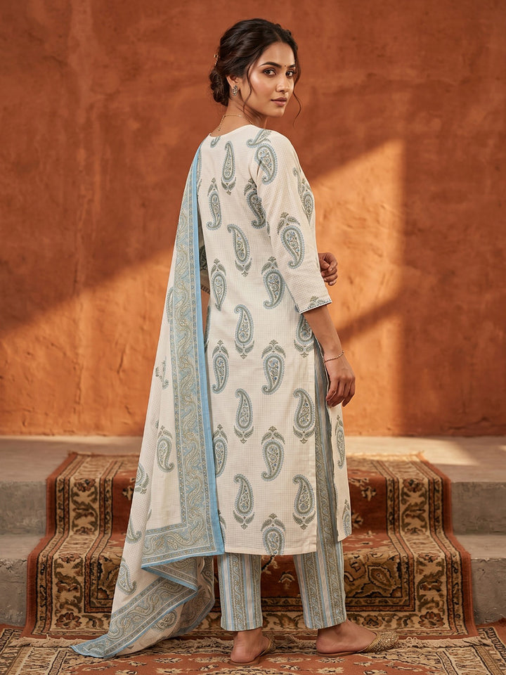 Blue Printed Cotton Blend Straight Suit Set With Dupatta