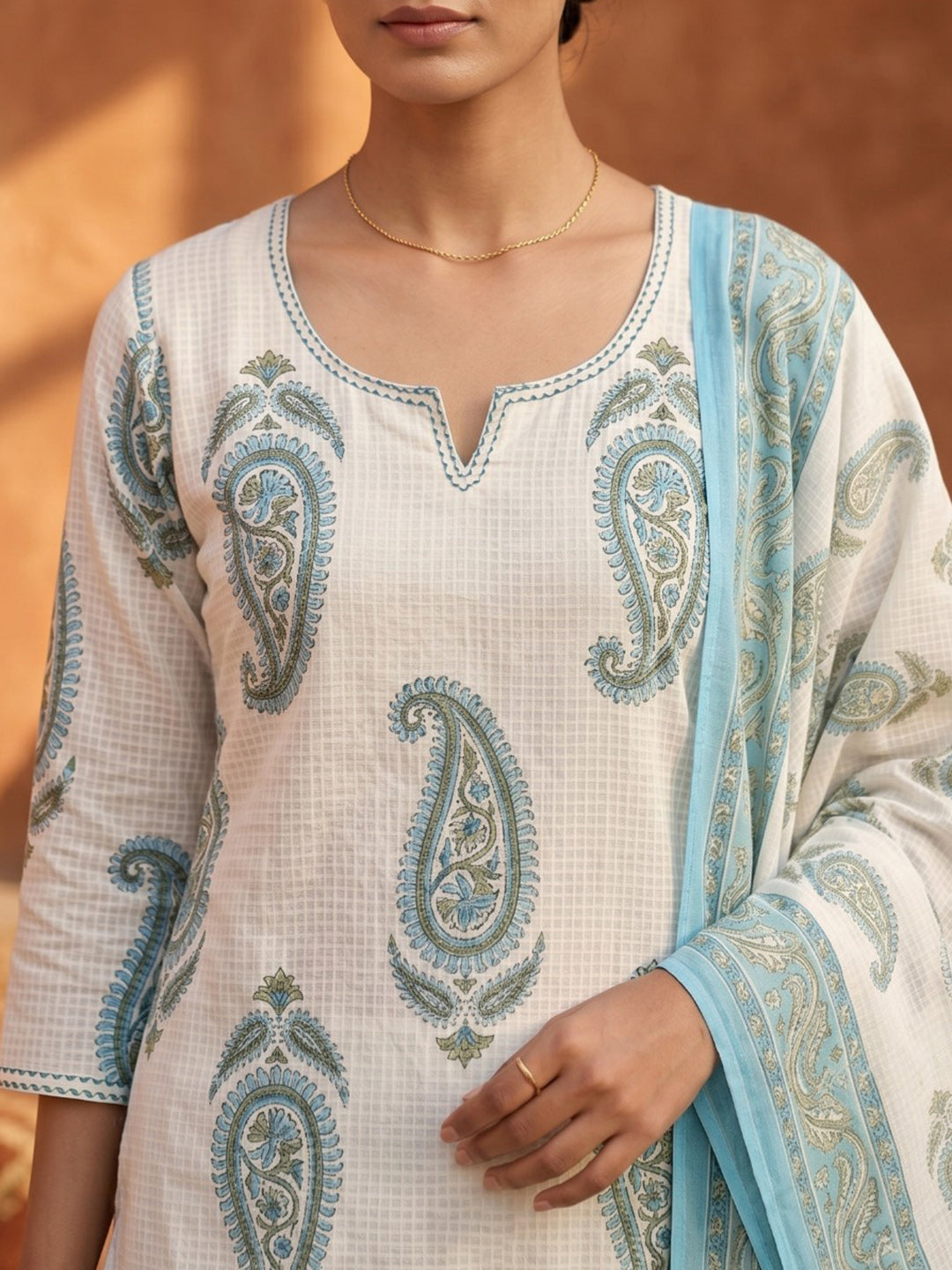 Blue Printed Cotton Blend Straight Suit Set With Dupatta