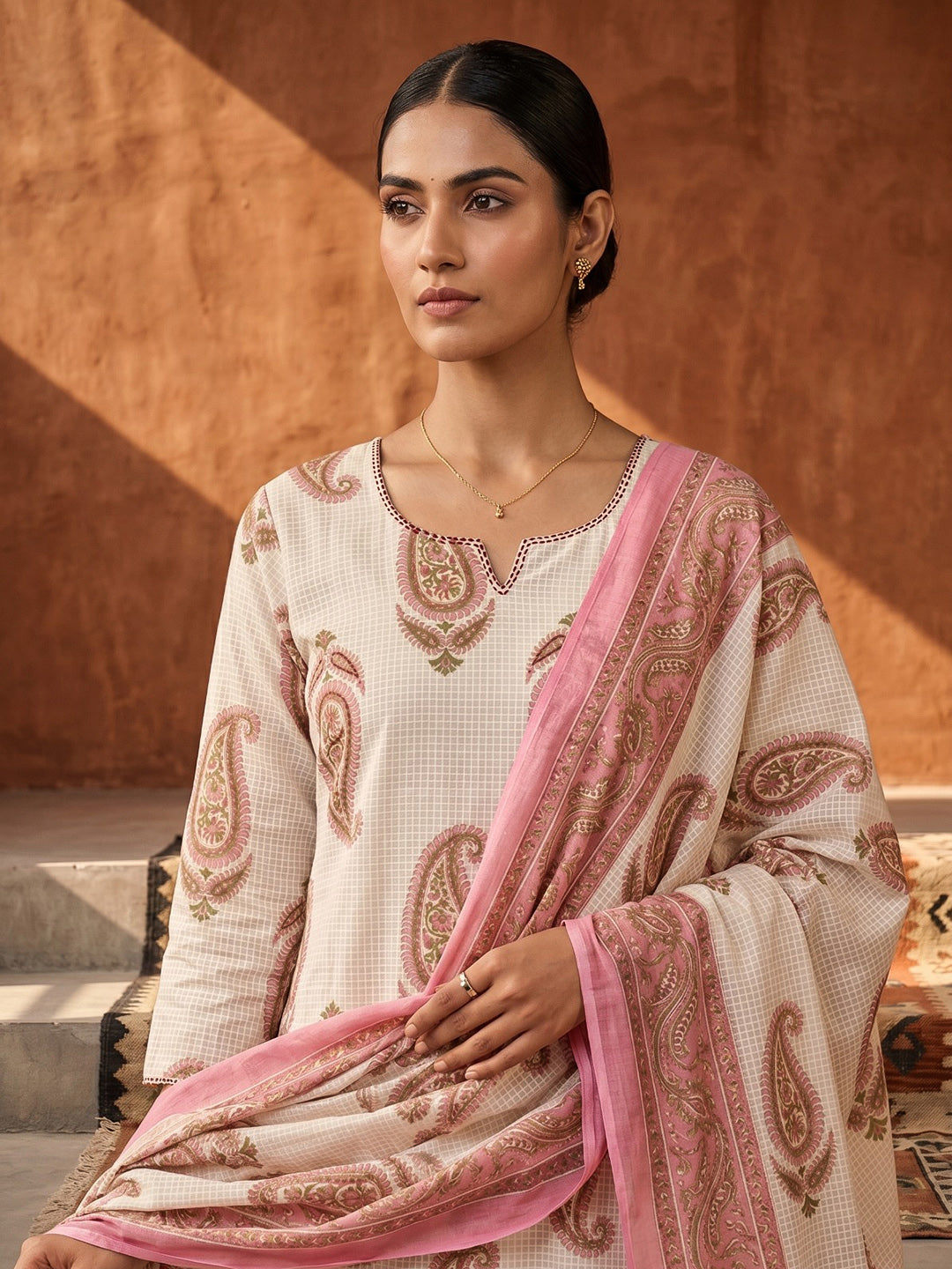 Pink Cotton Blend Printed Straight Suit Set