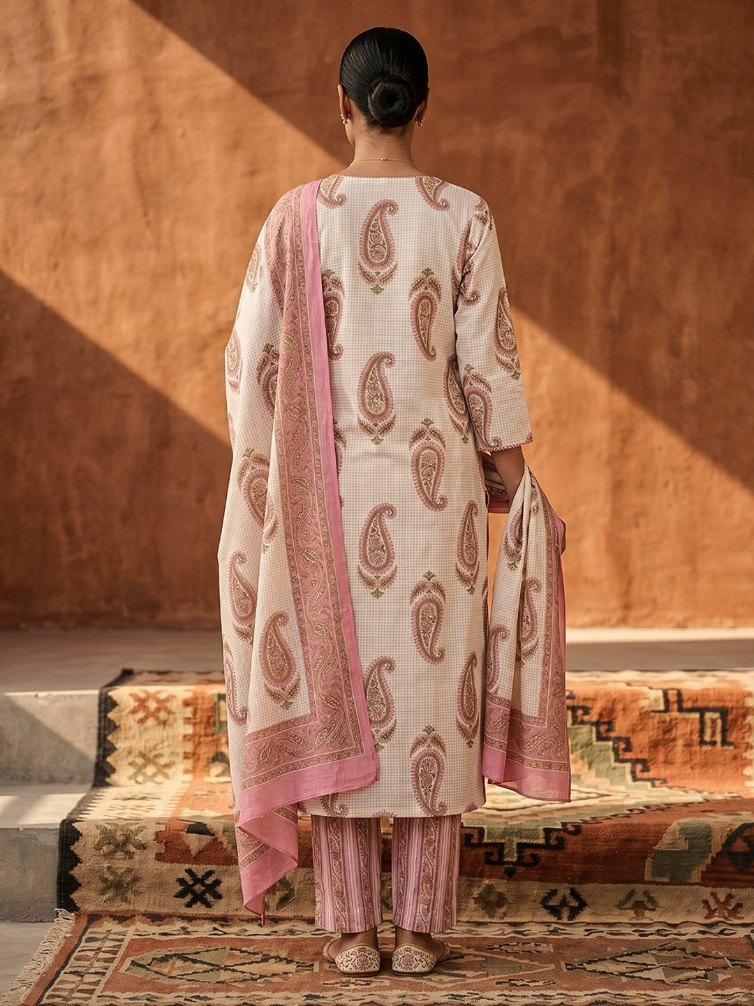 Pink Cotton Blend Printed Straight Suit Set