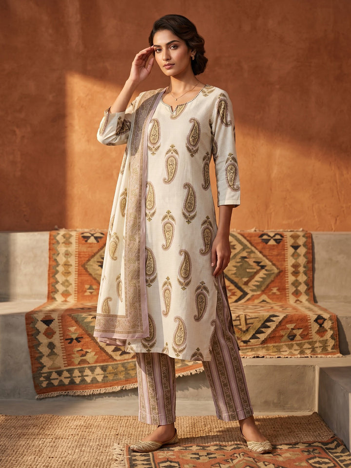 Purple Printed Cotton Blend Straight Suit Set With Dupatta