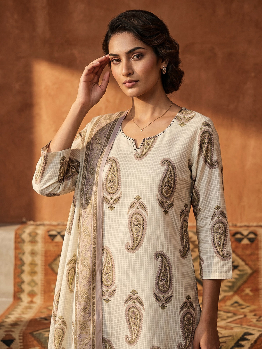 Purple Cotton Blend Printed Straight Suit Set