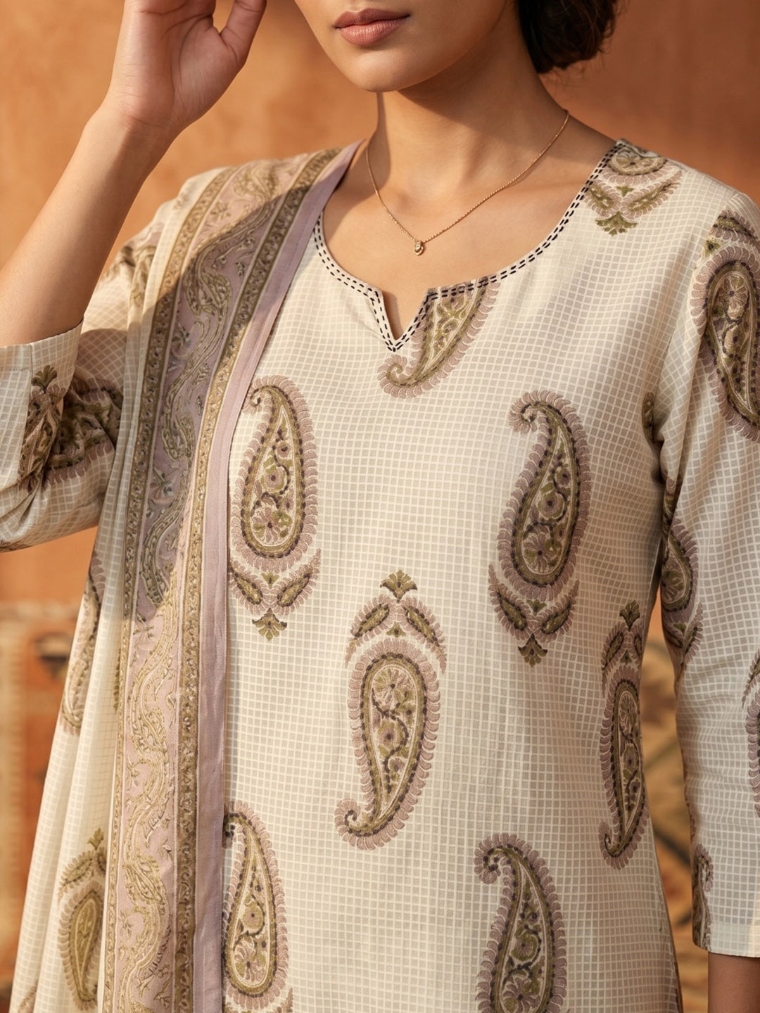 Purple Printed Cotton Blend Straight Suit Set With Dupatta