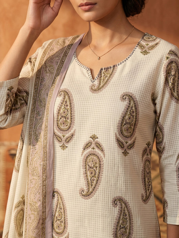 Purple Printed Cotton Blend Straight Suit Set With Dupatta