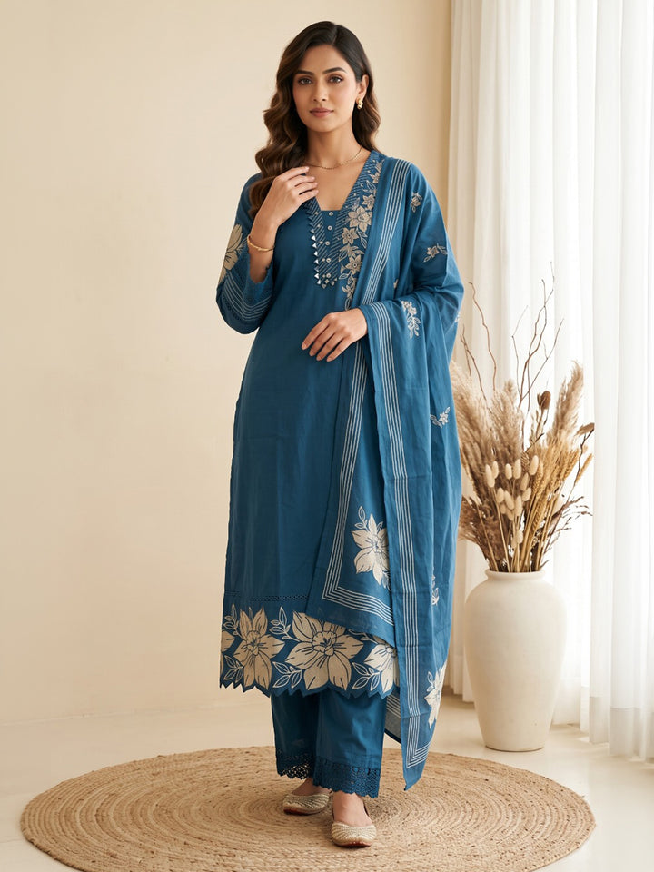 Blue Embroidered Kurta With Pant &amp; Dupatta