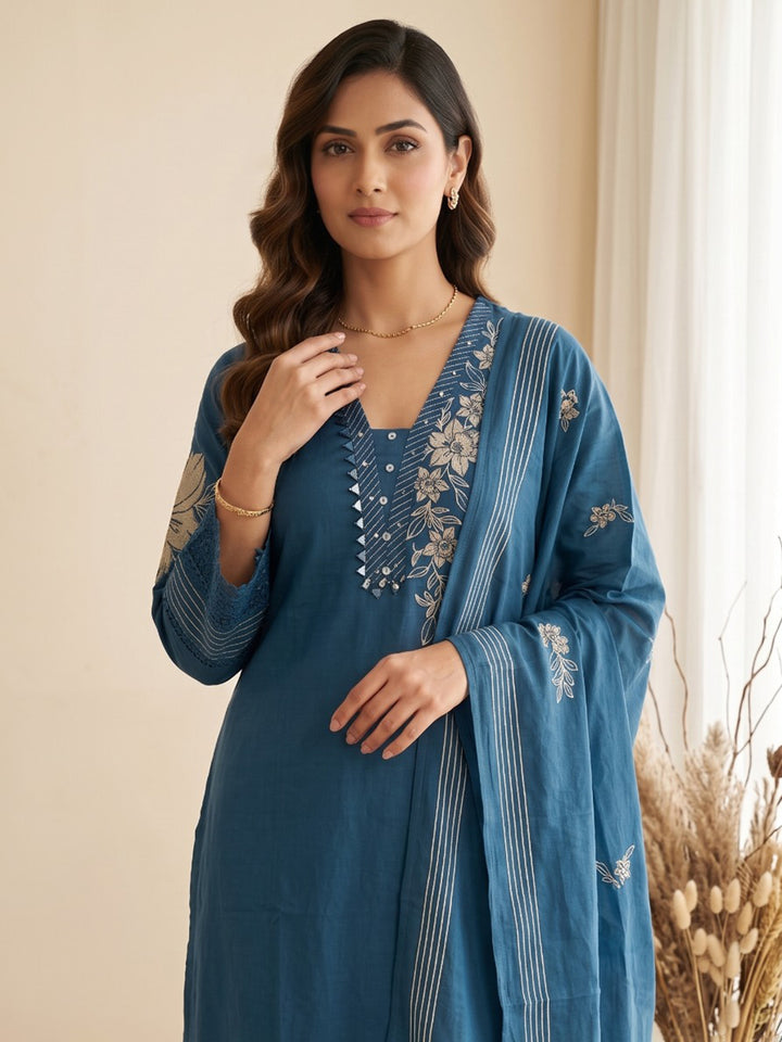 Blue Embroidered Kurta With Pant &amp; Dupatta