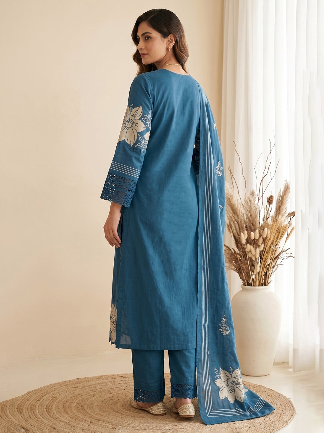 Blue Embroidered Kurta With Pant &amp; Dupatta