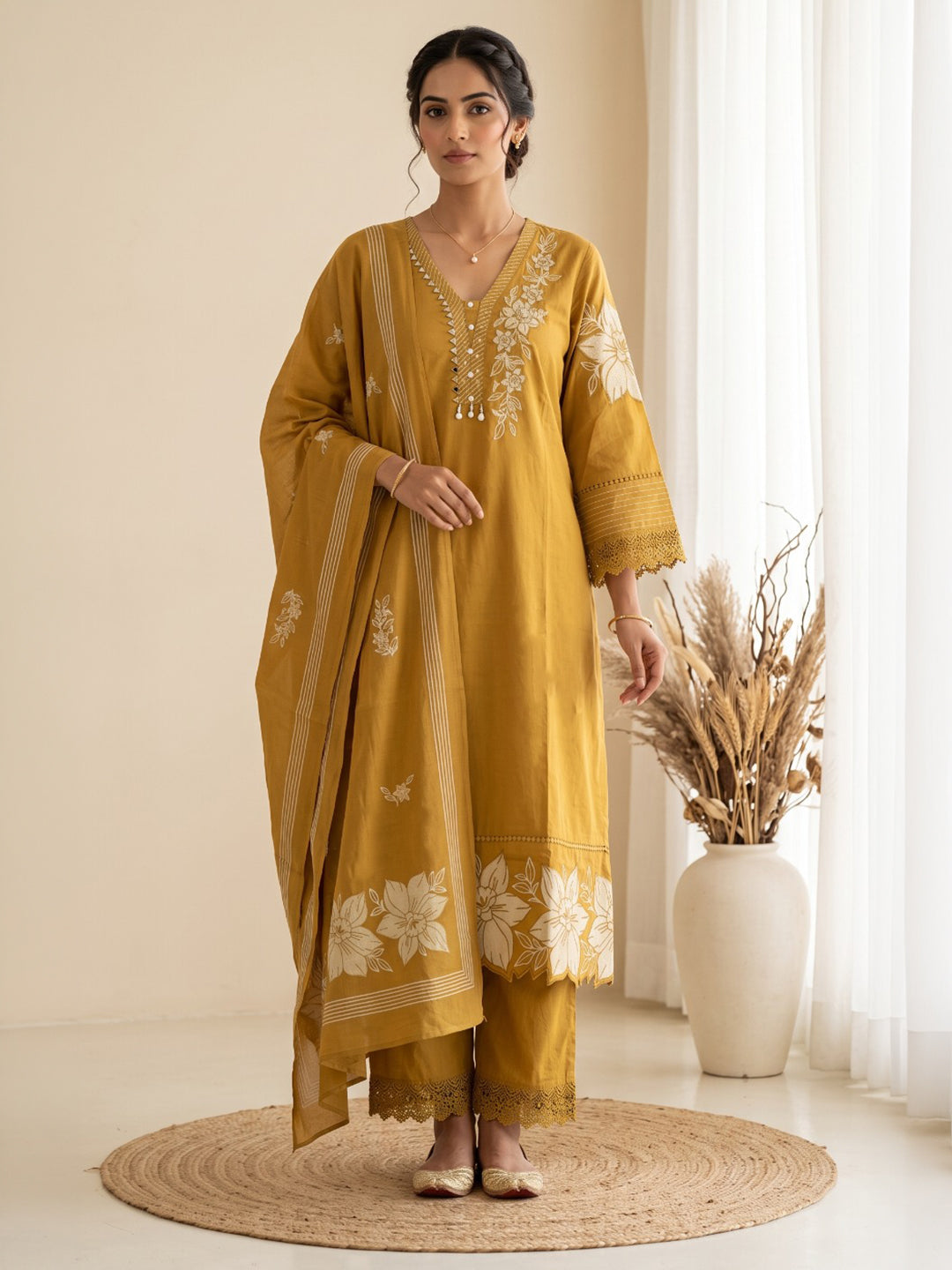 Mustard Embroidered Kurta With Pant &amp; Dupatta