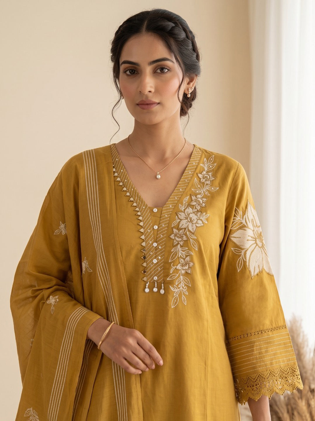 Mustard Embroidered Kurta With Pant &amp; Dupatta