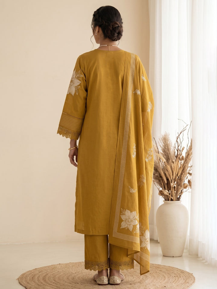 Mustard Embroidered Kurta With Pant &amp; Dupatta