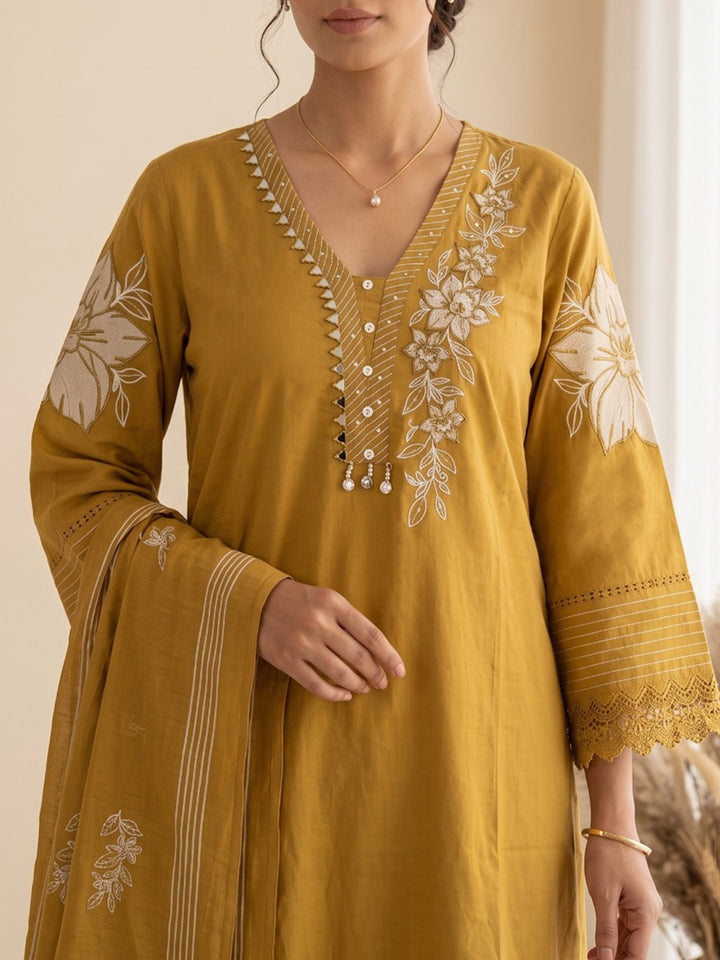Mustard Embroidered Kurta With Pant &amp; Dupatta