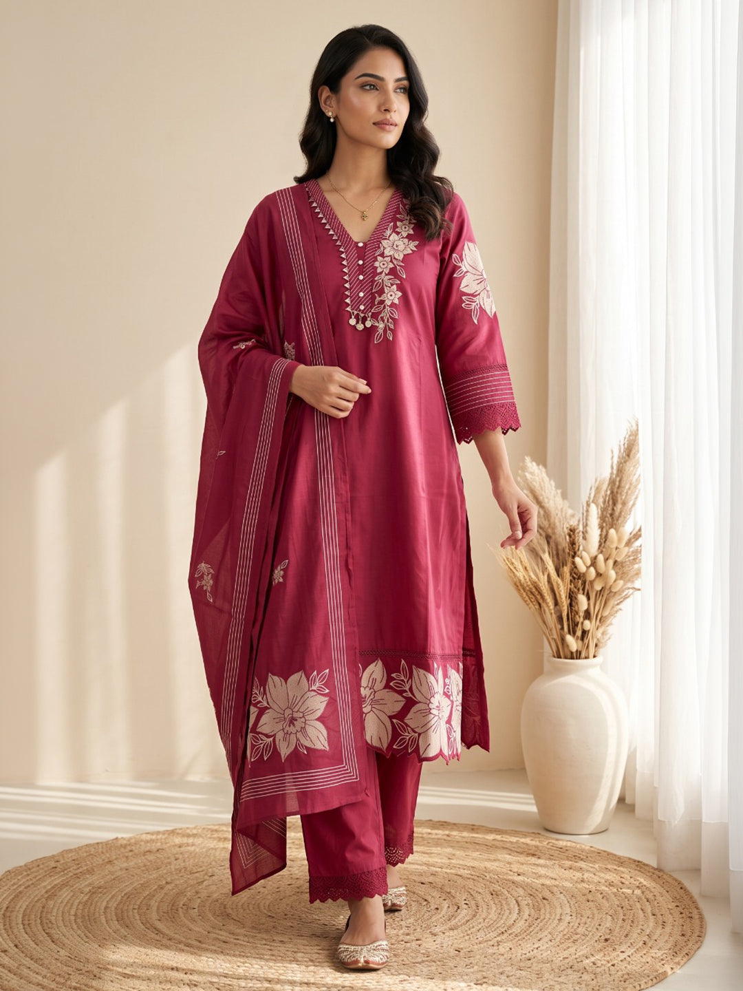 Rani Embroidered Kurta With Pant &amp; Dupatta