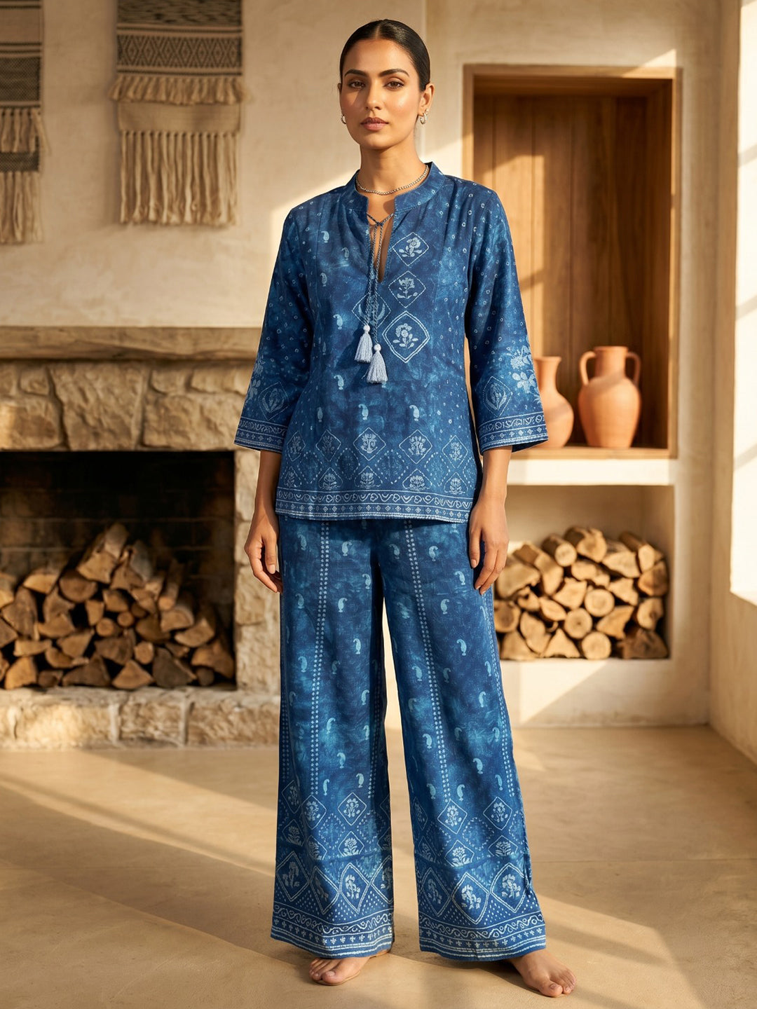 Blue Printed Crepe Round Neck Straight Kurta With Pant