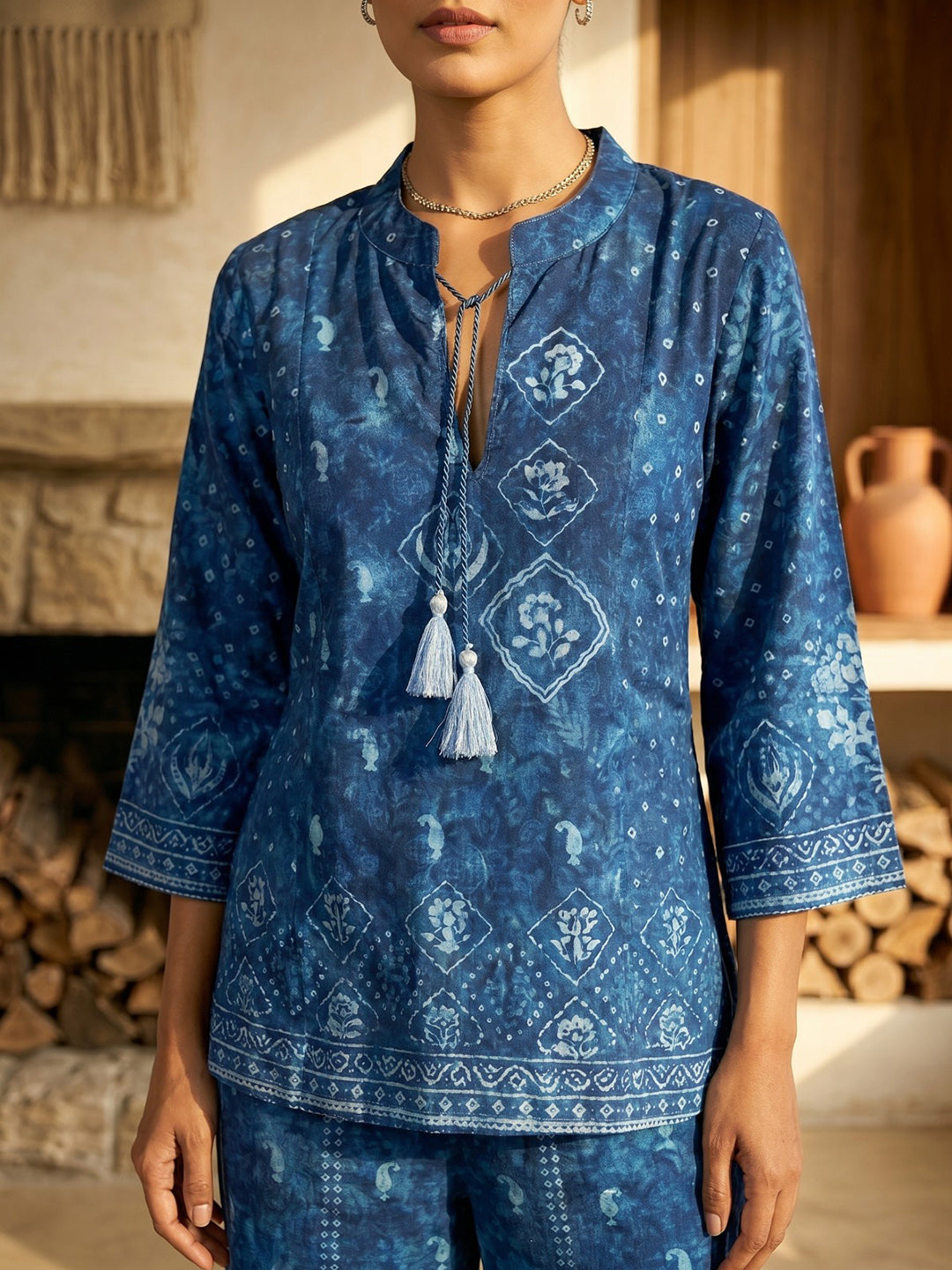 Blue Printed Crepe Round Neck Straight Kurta With Pant