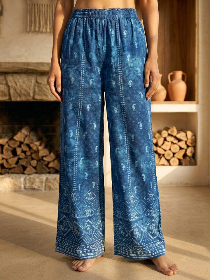Blue Printed Crepe Round Neck Straight Kurta With Pant