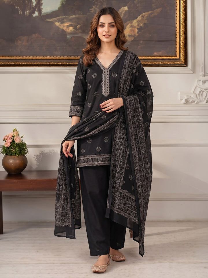 Black Embroidered Cotton Blend Kurta With Pant &amp; Dupatta