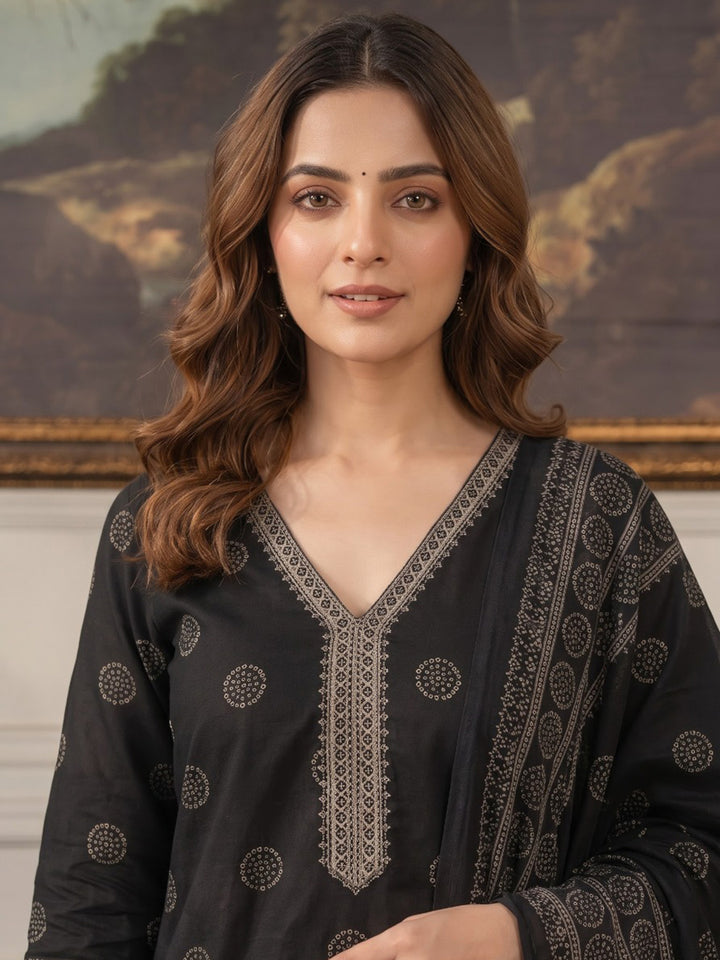 Black Embroidered Cotton Blend Kurta With Pant &amp; Dupatta