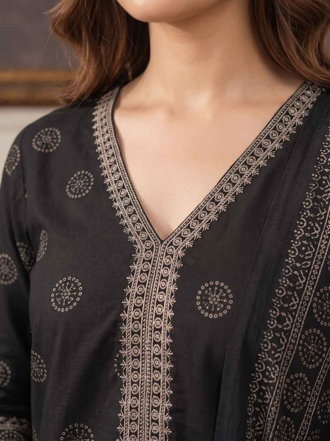 Black Embroidered Cotton Blend Kurta With Pant &amp; Dupatta