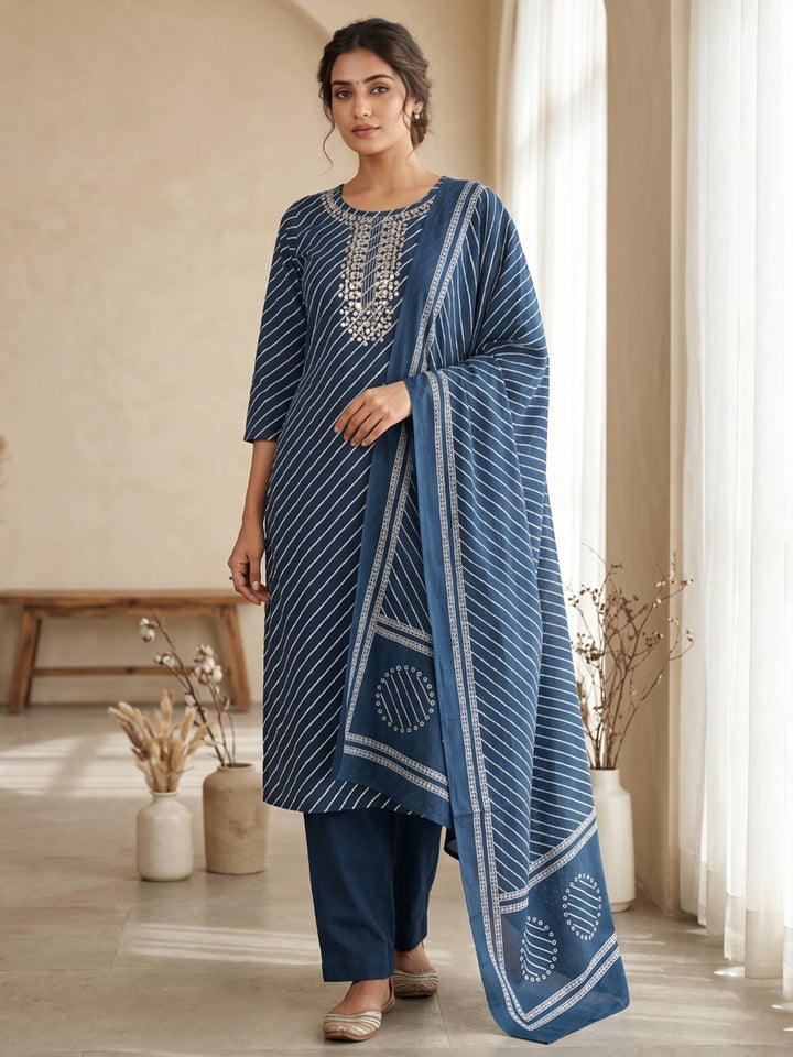 Blue Printed Cotton Blend Kurta With Pant &amp; Dupatta
