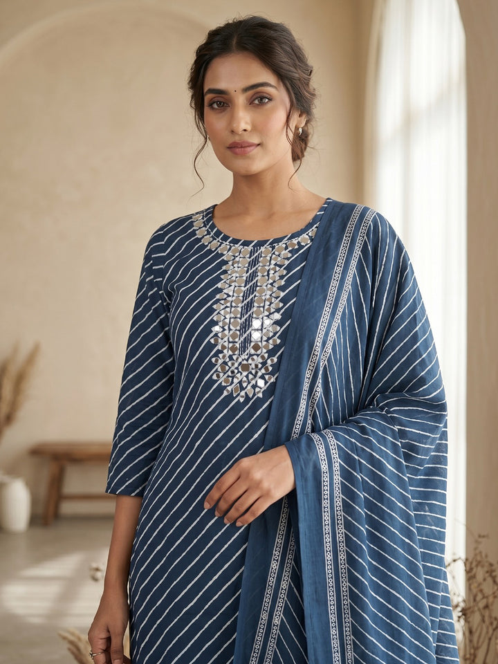 Blue Printed Cotton Blend Kurta With Pant &amp; Dupatta