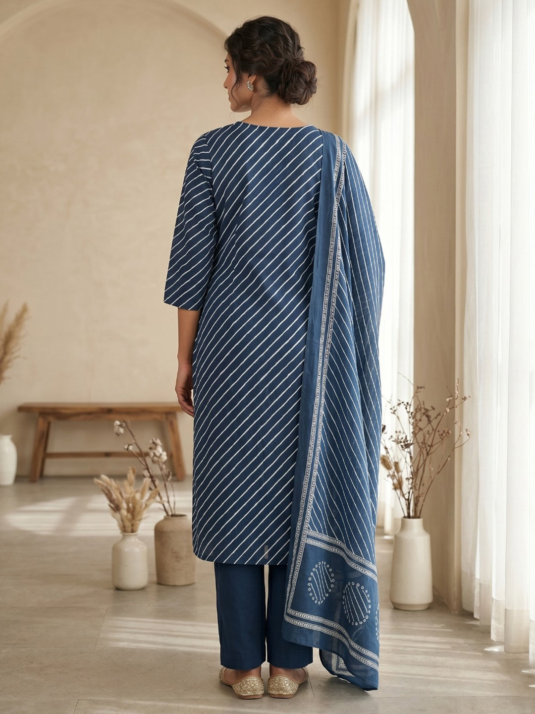 Blue Printed Cotton Blend Kurta With Pant &amp; Dupatta