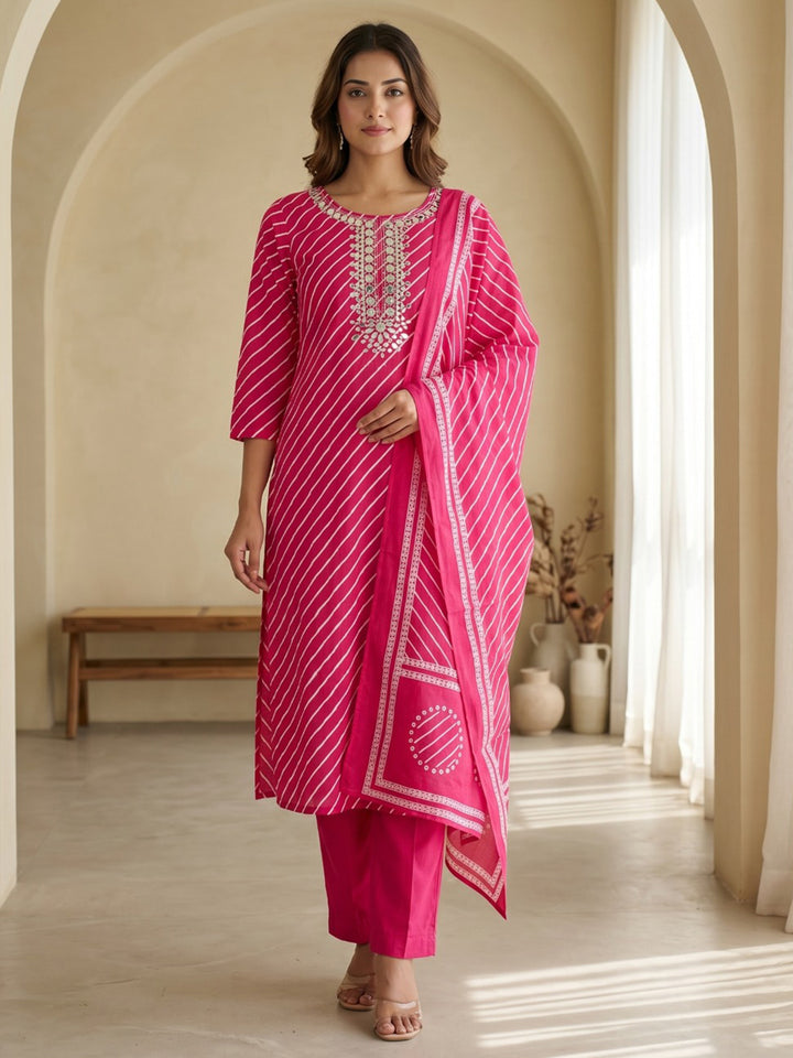 Rani Printed Cotton Blend Kurta With Pant &amp; Dupatta