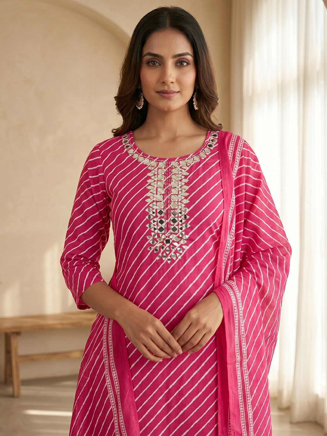 Rani Printed Cotton Blend Kurta With Pant &amp; Dupatta