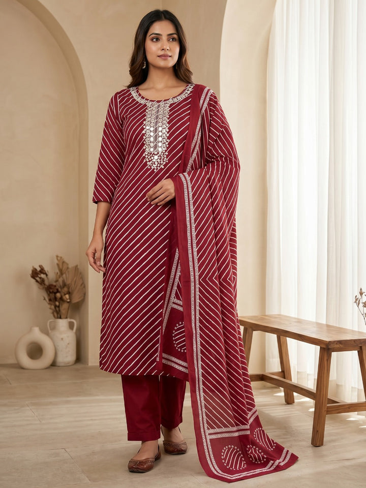 Red Printed Cotton Blend Kurta With Pant &amp; Dupatta