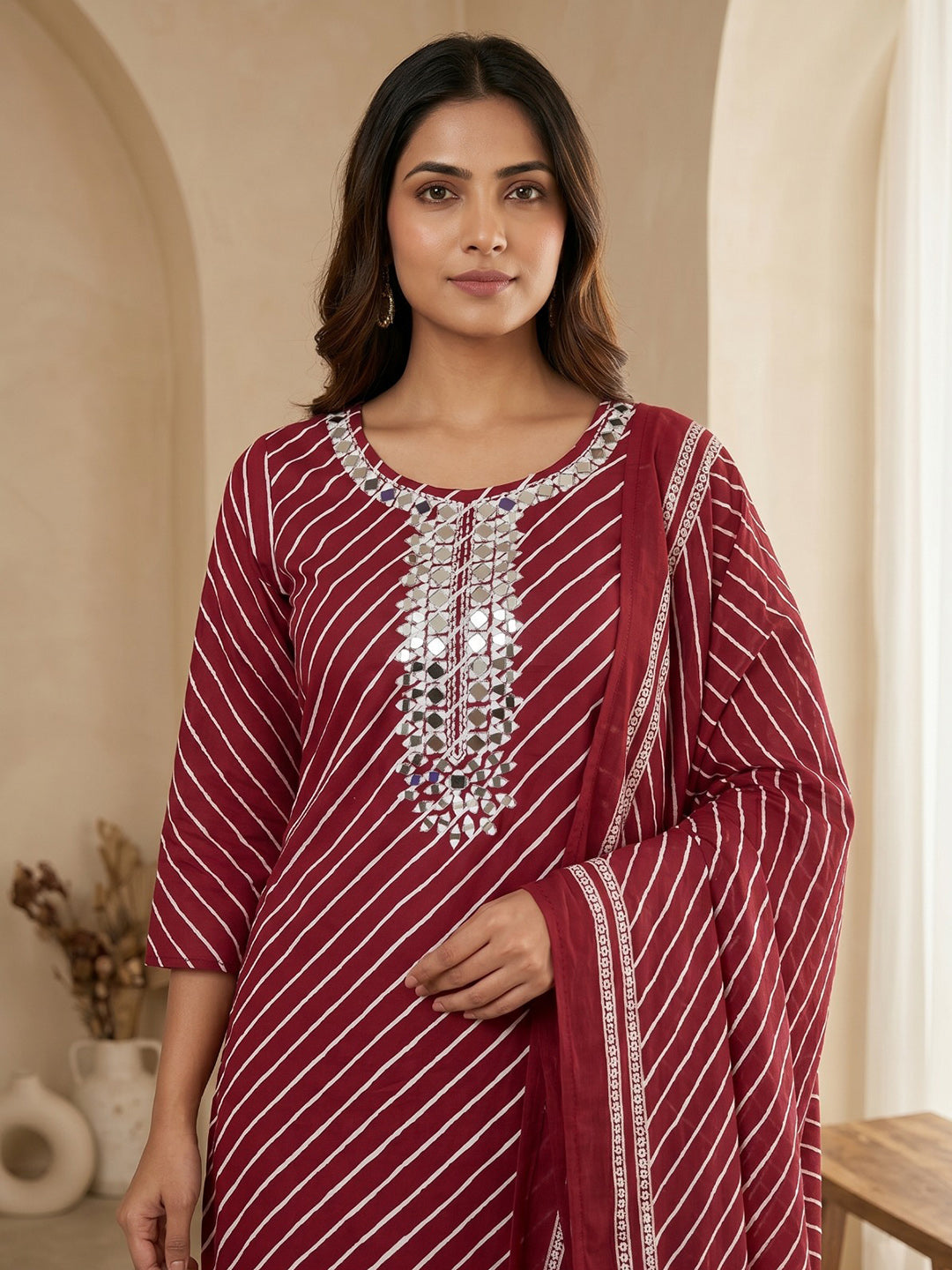 Red Printed Cotton Blend Kurta With Pant &amp; Dupatta