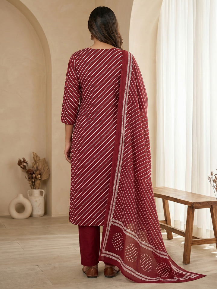 Red Printed Cotton Blend Kurta With Pant &amp; Dupatta
