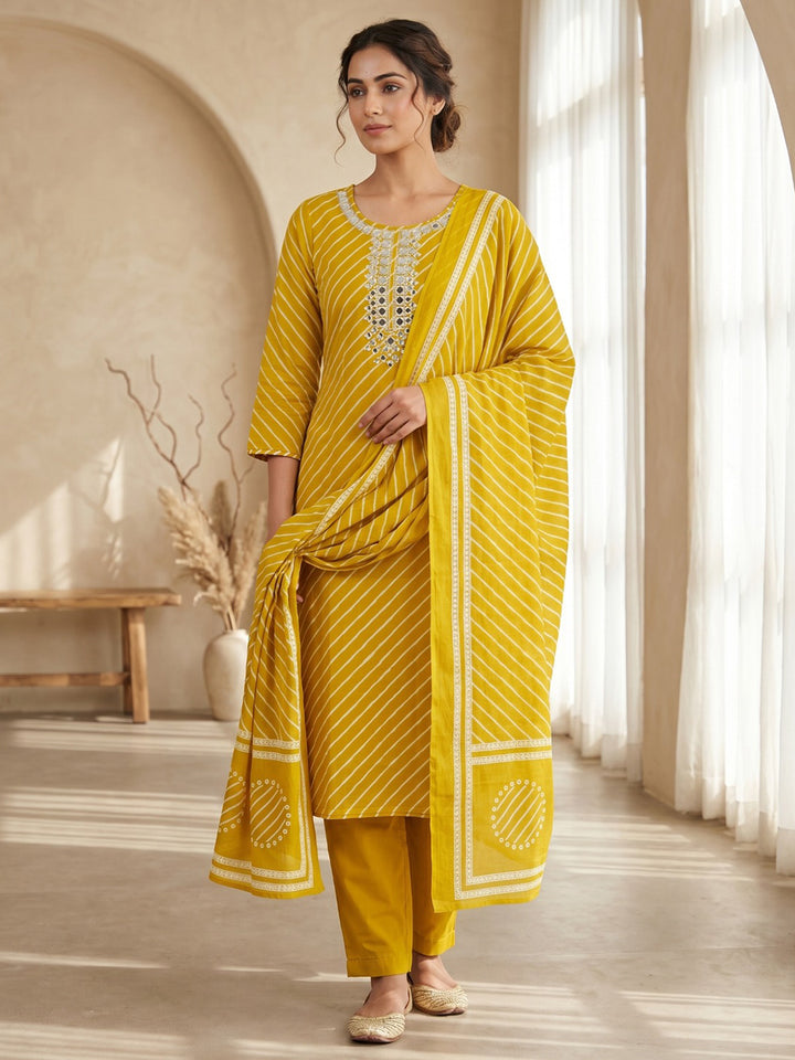 Yellow Printed Cotton Blend Kurta With Pant &amp; Dupatta