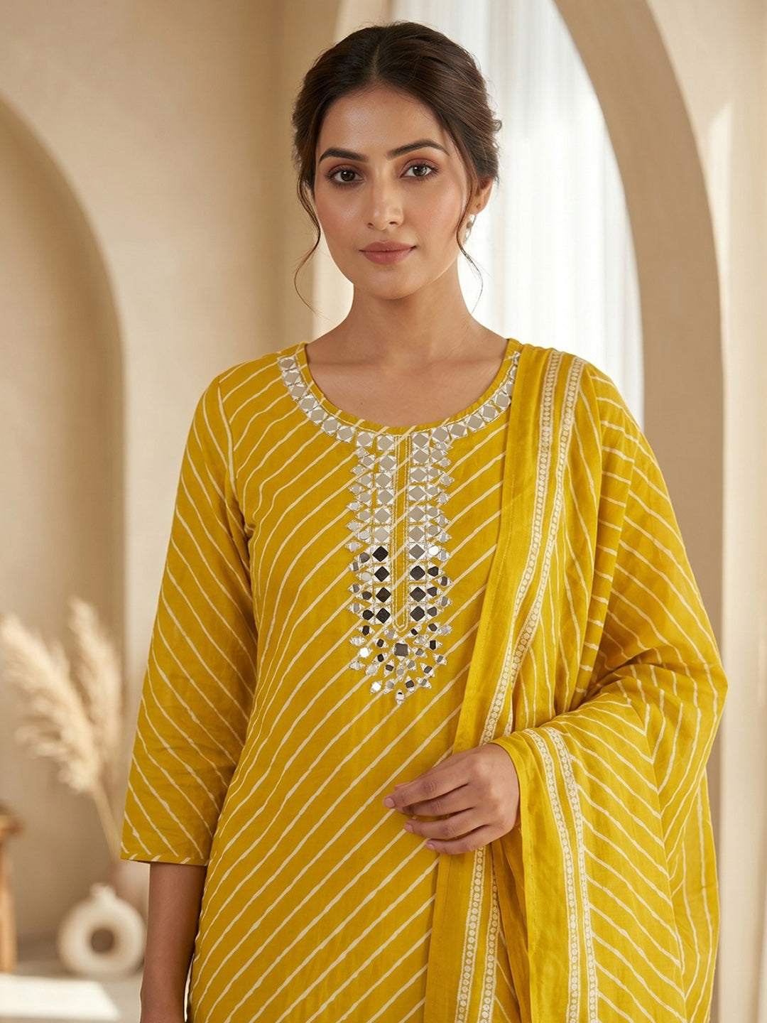Yellow Printed Cotton Blend Kurta With Pant &amp; Dupatta