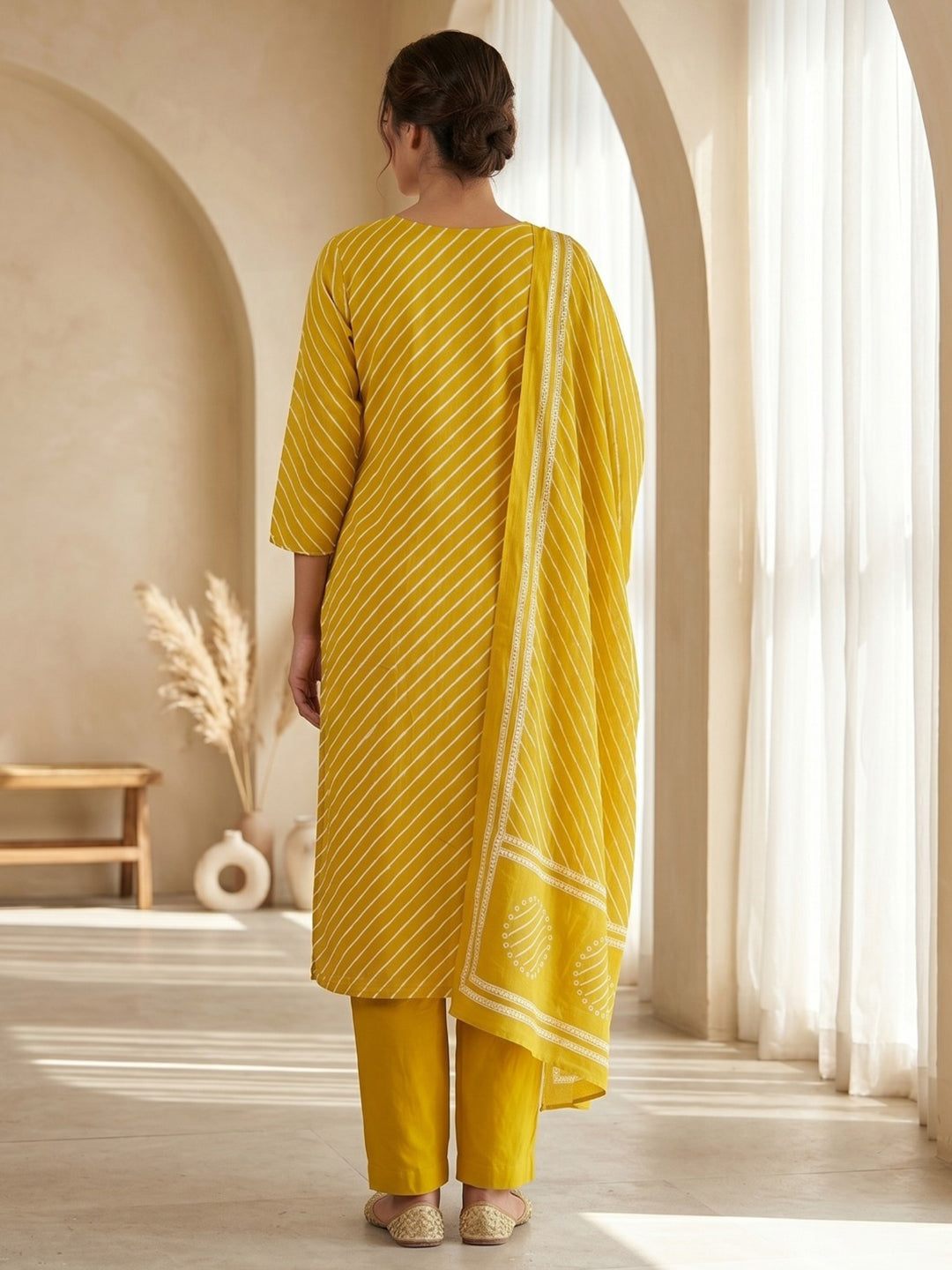 Yellow Printed Cotton Blend Kurta With Pant &amp; Dupatta