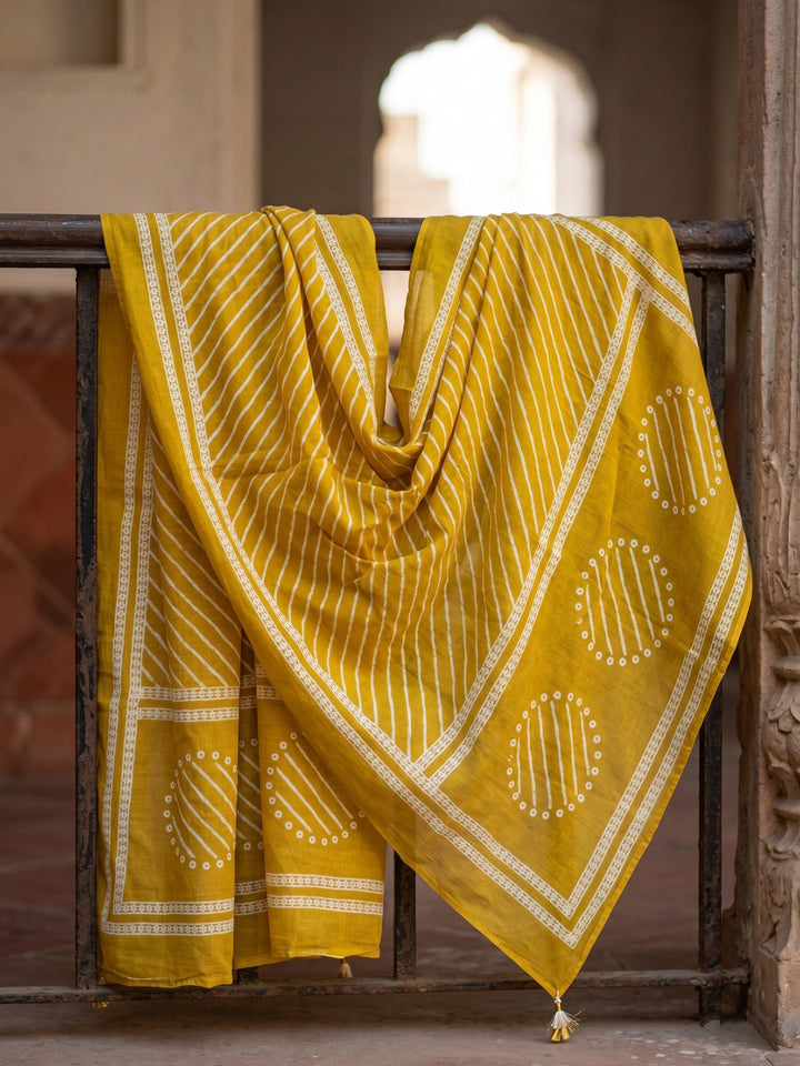 Yellow Printed Cotton Blend Kurta With Pant &amp; Dupatta